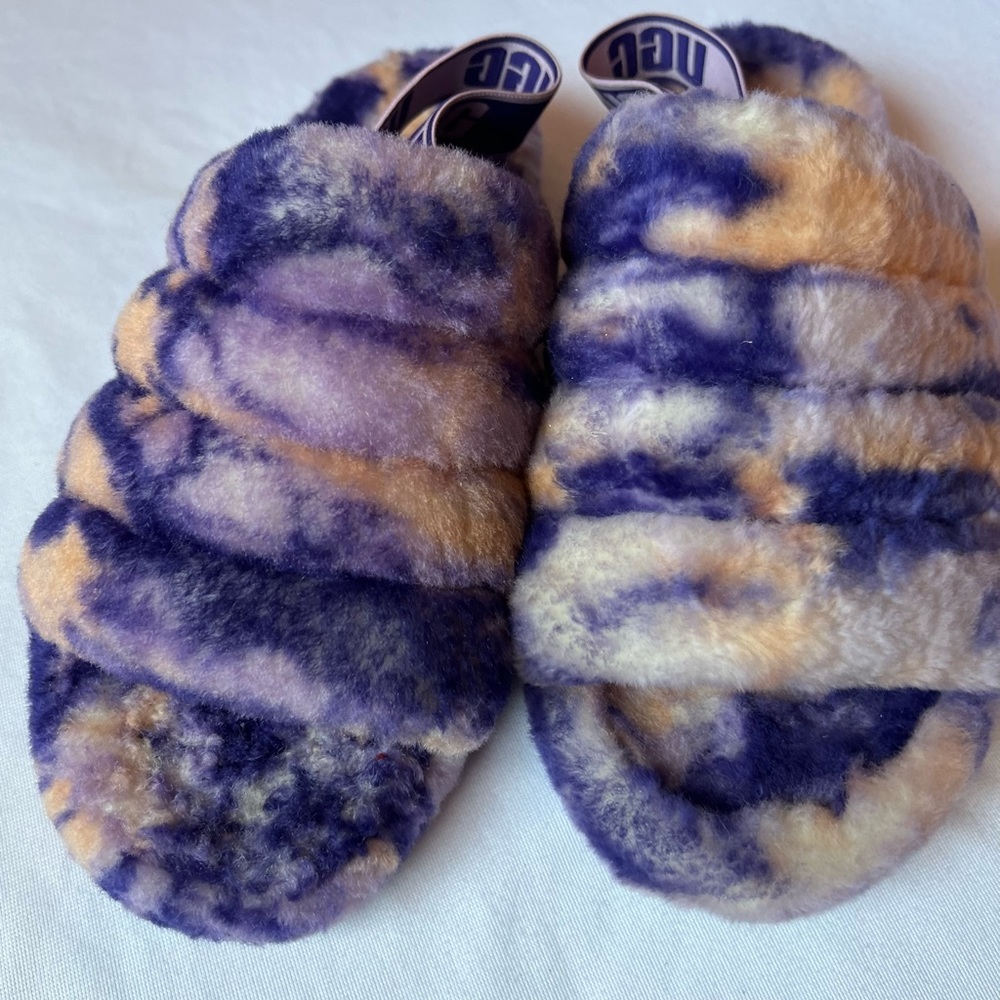 UGG Tie-Dye Purple and Cream Fluff Slippers